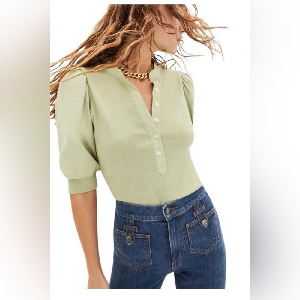 Veronica Beard stretch made in Peru,  preppy Puff Sleeve Henley Sage sze XS